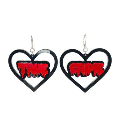 Large Black Heart Earrings that read "True Crime" in a dripping red font