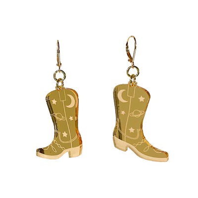 Space Cowboy Boot Dangle Earrings- Mirror Gold