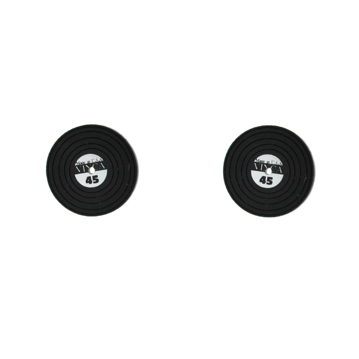 miniature vinyl record earrings on a white background