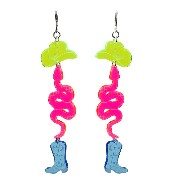 Our Neon Cowboy dangle earrings float on a solid white background.